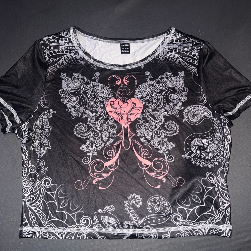 Large Graphic Tee Black Crop top, Pink Heart with White Butterfly Wings.